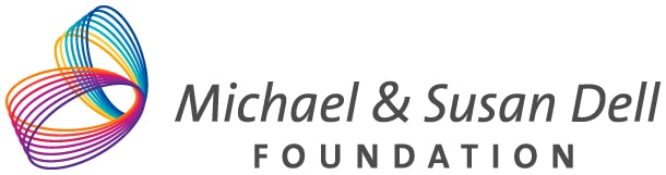 Michael & Susan Dell Foundation Logo, rainbow, slinky-like logo with black title text.